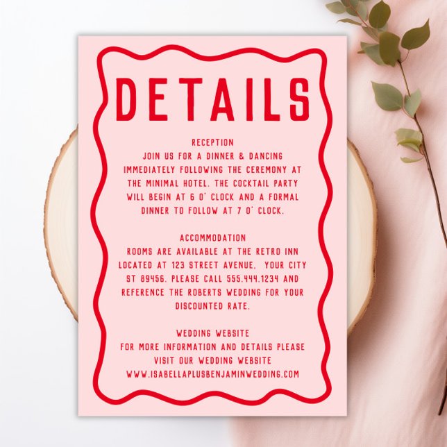 Carte D'accompagnement Mariage rétro brillant rouge rose brillant (Bold Bright Pink Red Squiggle Wavy Retro Wedding Enclosure Card)
