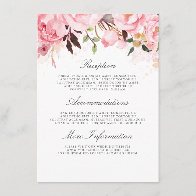 Carte D'accompagnement Mariage rose Floral Information Invité (Devant)