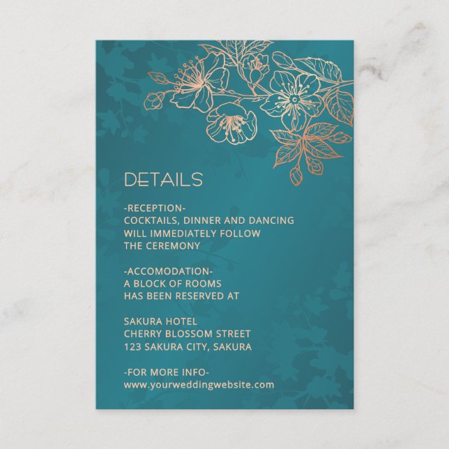 Carte D'accompagnement Mariage Rose Gold Floral Line Art Sarcelle (Devant)