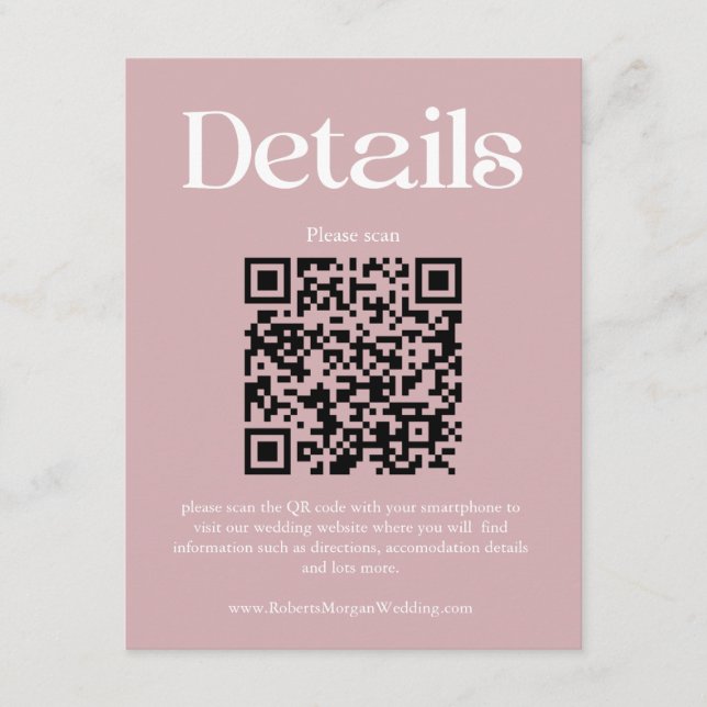 Carte D'accompagnement Mariage Rose moderne Dusty Détails QR Code (Devant)