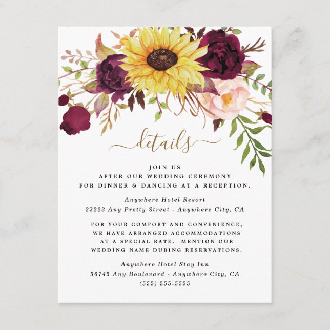Carte D'accompagnement Mariage Rose Sunflower Bourgogne Gold Blush Peony (Devant)