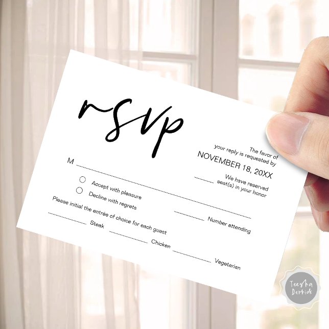 Carte D'accompagnement Mariage RSVP, avec les options de repas, répondre (Wedding RSVP, with meal options, no attending, Invitation respond Enclosure Card)