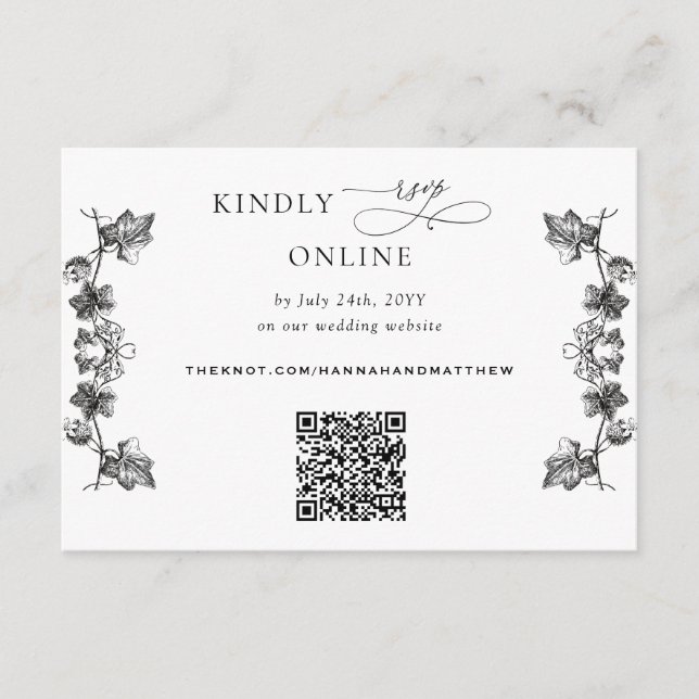 Carte D'accompagnement Mariage RSVP de code QR Floral Blanc et Noir (Devant)