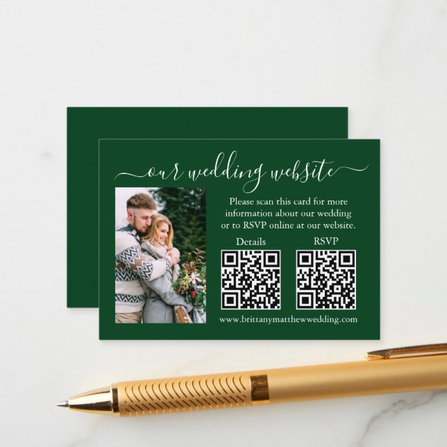 Carte D'accompagnement Mariage RSVP Détails Photo 2 QR Green (Devant/Arrière en situation)