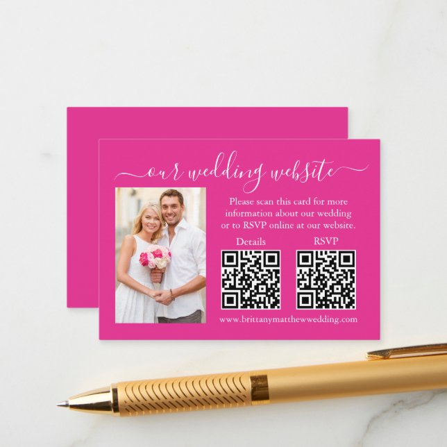 Carte D'accompagnement Mariage RSVP Détails Photo 2 QR Hot rose (Devant/Arrière en situation)