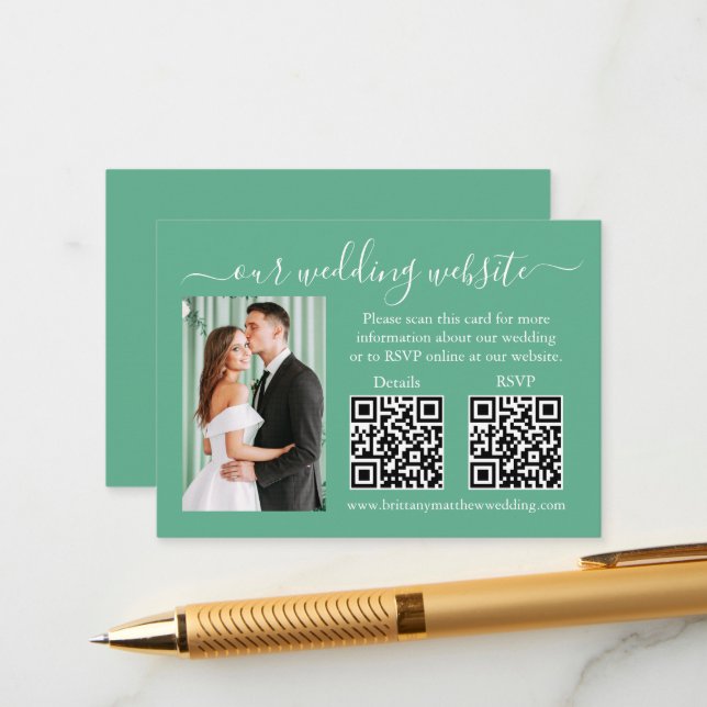 Carte D'accompagnement Mariage RSVP Détails Photo 2 QR Mint Green (Devant/Arrière en situation)