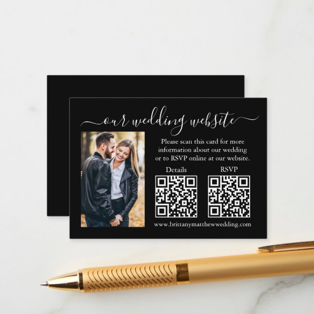 Carte D'accompagnement Mariage RSVP Détails Photo 2 QR Noir (Devant/Arrière en situation)