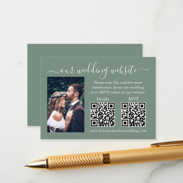 Carte D'accompagnement Mariage RSVP Détails Photo 2 QR Sage Green (Devant/Arrière en situation)