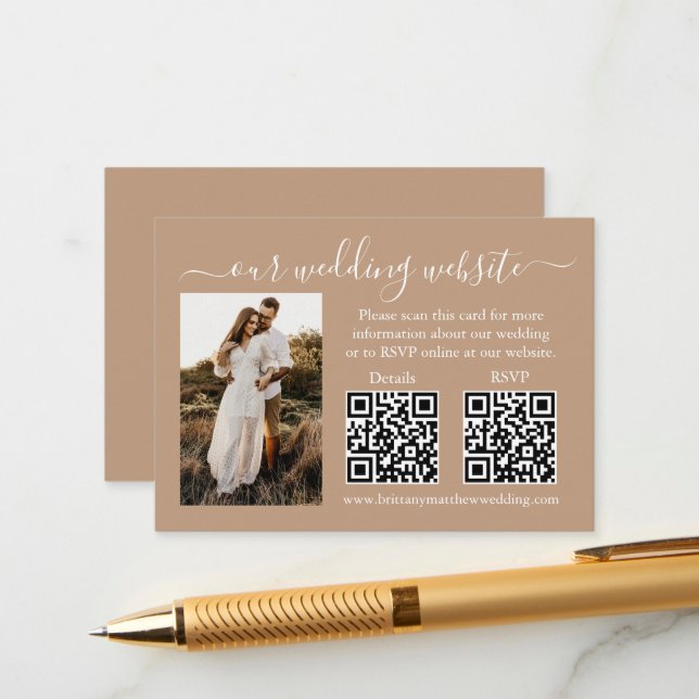 Carte D'accompagnement Mariage RSVP Détails Photo 2 QR Taupe (Devant/Arrière en situation)