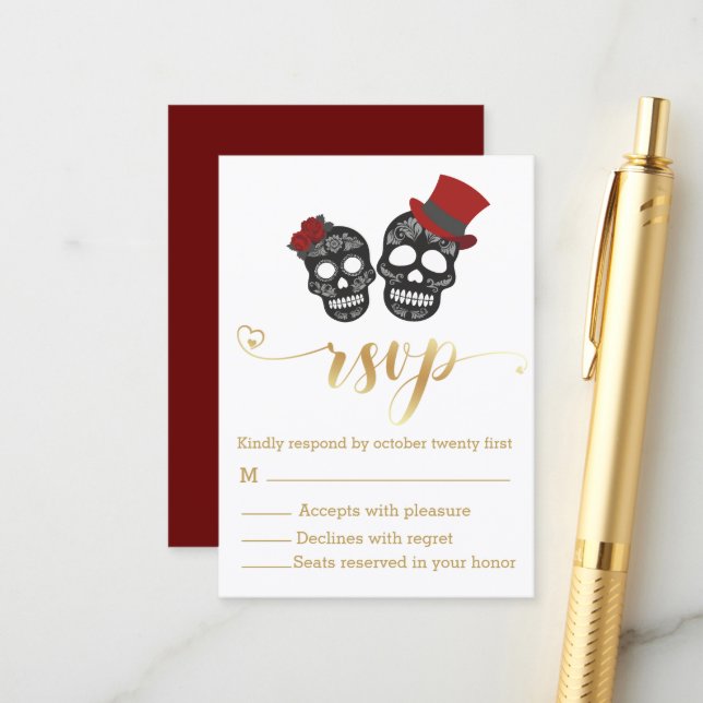 Carte D'accompagnement mariage rsvp écriture dorée squelettes halloween (Devant/Arrière en situation)