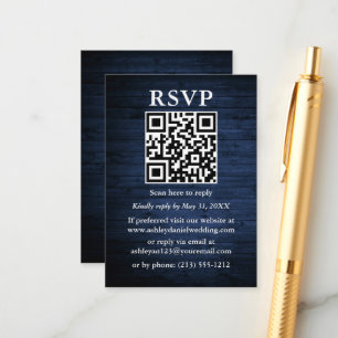 Carte D'accompagnement Mariage RSVP en bois bleu rustique QR