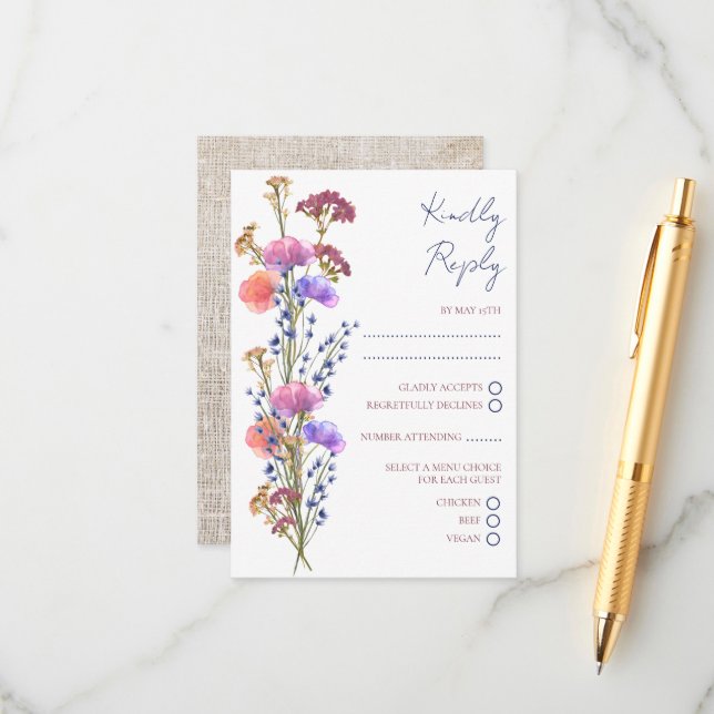 Carte D'accompagnement Mariage RSVP Floral Délicat Rustique Acrylique (Devant/Arrière en situation)