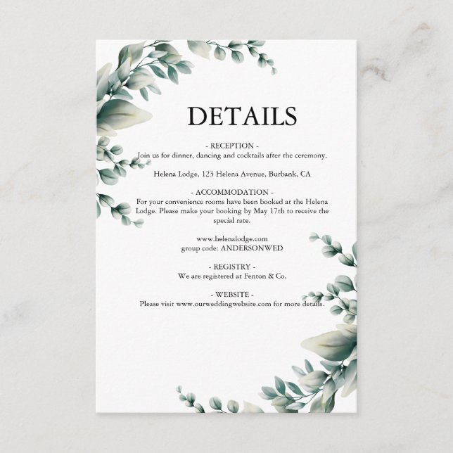 Carte D'accompagnement Mariage Rustique avec Verdure d'Eucalyptus (Devant)