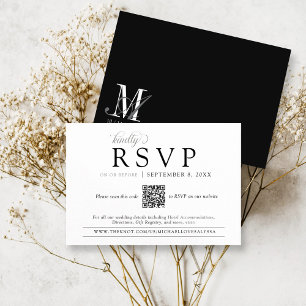 Carte D'accompagnement Mariage simple de monogramme noir et blanc QR RSVP