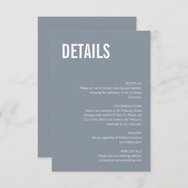 Carte D'accompagnement Mariage simple Dusty Blue Typography Détails (Devant / Derrière)