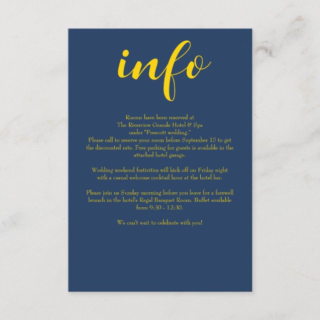 Carte D'accompagnement Mariage simple et formel bleu marine et or (Devant)
