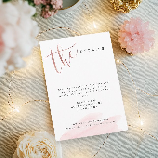 Carte D'accompagnement Mariage simple moderne détails Rose Gold Blush (Rose Gold Blush Modern Simple Wedding details Enclosure Card)