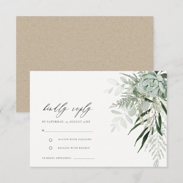 Carte D'accompagnement Mariage Succulent de la fougère verte Dusky RSVP (Devant / Derrière)