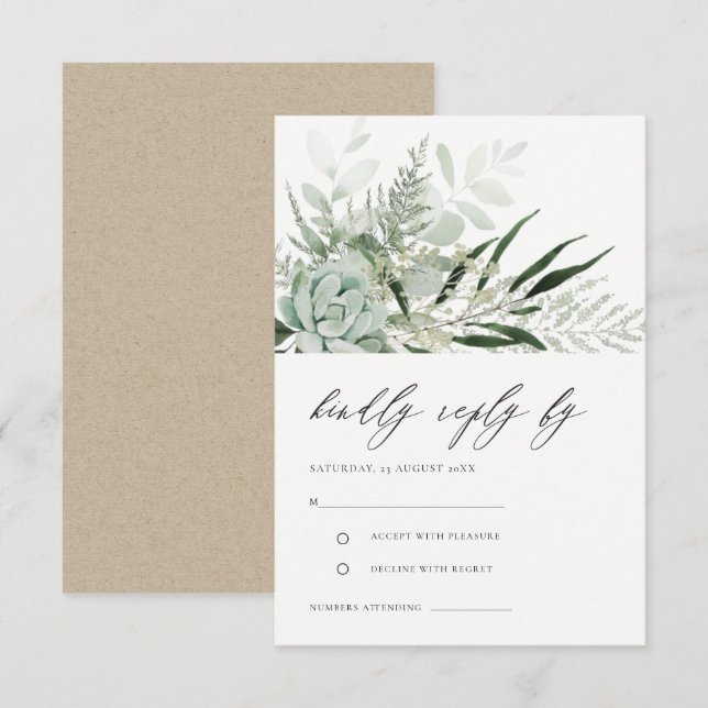 Carte D'accompagnement Mariage Succulent de la fougère verte Dusky RSVP (Devant / Derrière)