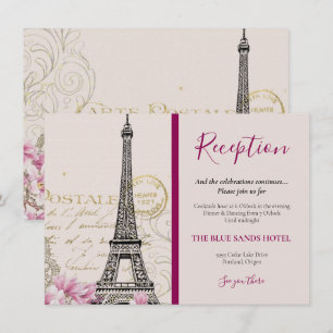 Carte D'accompagnement Mariage Tour Eiffel Paris Vintage Fleurs Roses