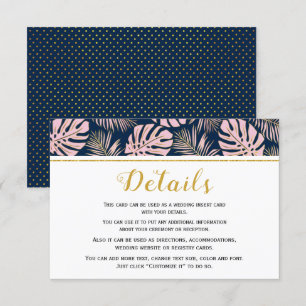 Carte D'accompagnement Mariage tropical aux feuilles roses et bleu marine
