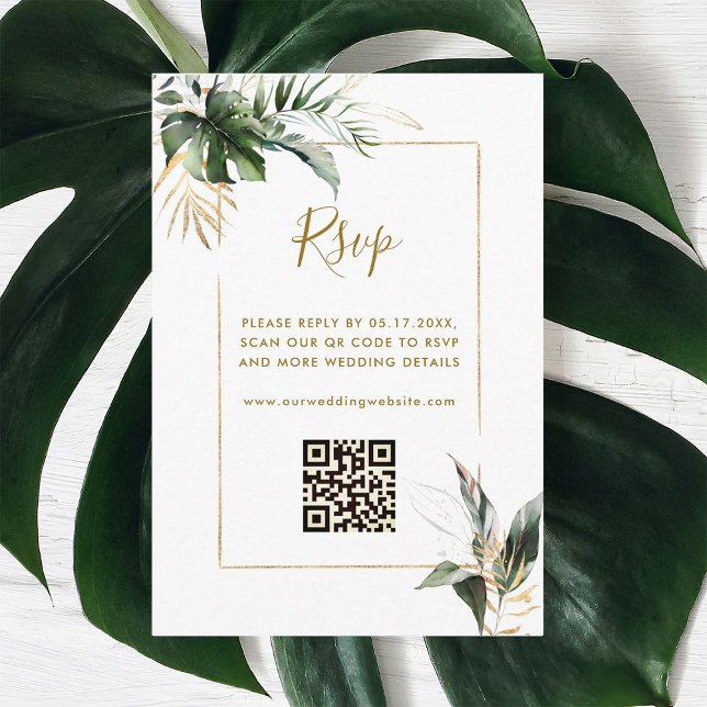 Carte D'accompagnement Mariage Tropical Foliage Or RSVP avec code QR (Créateur téléchargé)