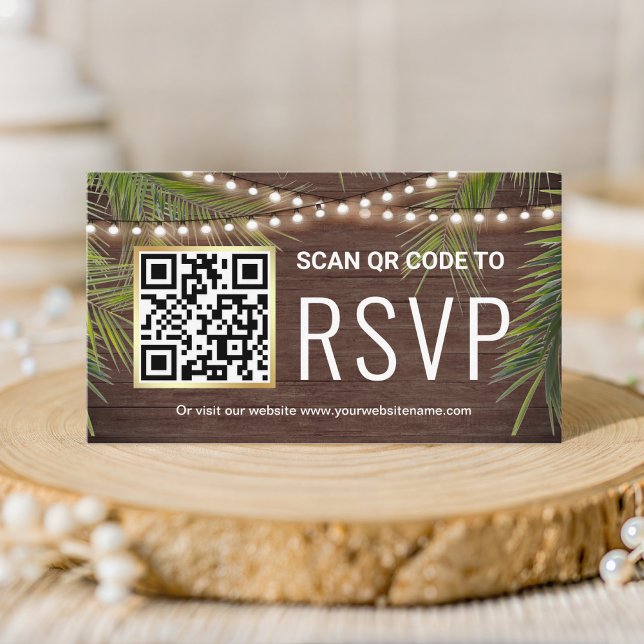 Carte D'accompagnement Mariage Tropical Palm Bois Rustique Code QR RSVP (Créateur téléchargé)