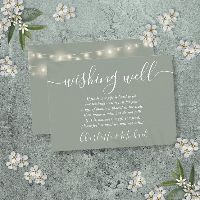 Carte D'accompagnement Mariage vert Sage (Wishing Well String Lights Sage Green Wedding Enclosure Card)