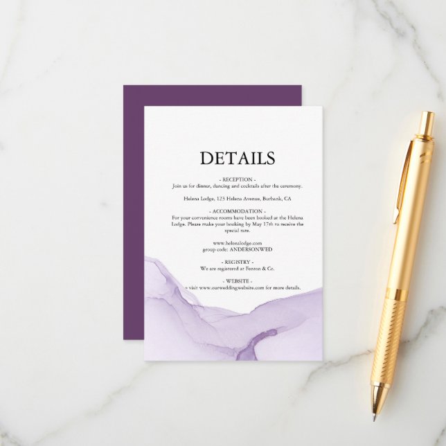 Carte D'accompagnement Mariage Violet Aquarelle Moderne (Devant/Arrière en situation)
