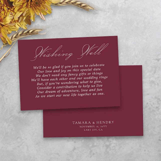Carte D'accompagnement Mariage Wishing well Calligraphy Script Bourgogne (Simple burgundy wedding wishing well card from my Wedding Colors collection)