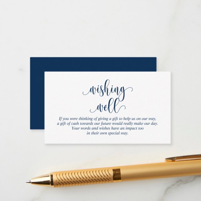 Carte D'accompagnement Mariage Wishing Well, Modern Navy Script bleu (Devant/Arrière en situation)