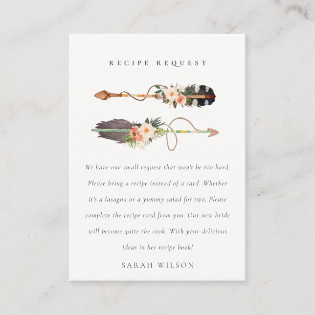Carte D'accompagnement Mariée Demande de Recette de Flèche Florale Bohème (Devant)