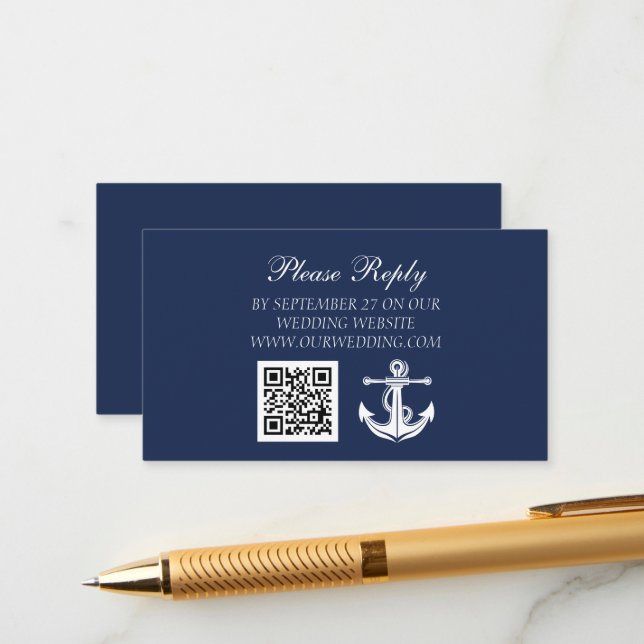 Carte D'accompagnement Marine Ancre Bleue Nautical Beach Code QR Mariage (Devant/Arrière en situation)