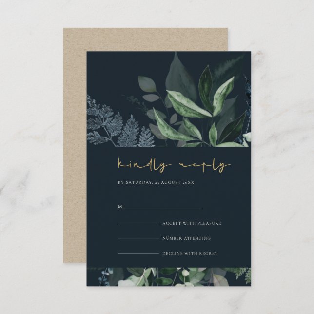 Carte D'accompagnement Marine Black Green Leafy Foliage Mariage Rsvp (Devant / Derrière)