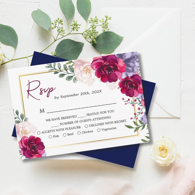 Carte D'accompagnement Marine Bleu Bourgogne & Blush Floral Gold Frame RS (Créateur téléchargé)