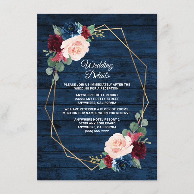 Carte D'accompagnement Marine Bleu Bourgogne Or Blush Mariage campagnard  (Devant)