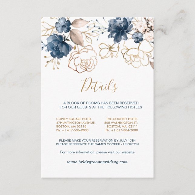 Carte D'accompagnement Marine bleu & or roses Mariages Détails (Devant)