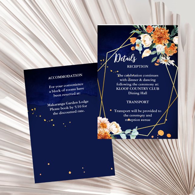 Carte D'accompagnement Marine bleu orange blanc roses détails du mariage (Navy blue orange white roses gold geometrical frame wedding details enclosure card invitation suite)
