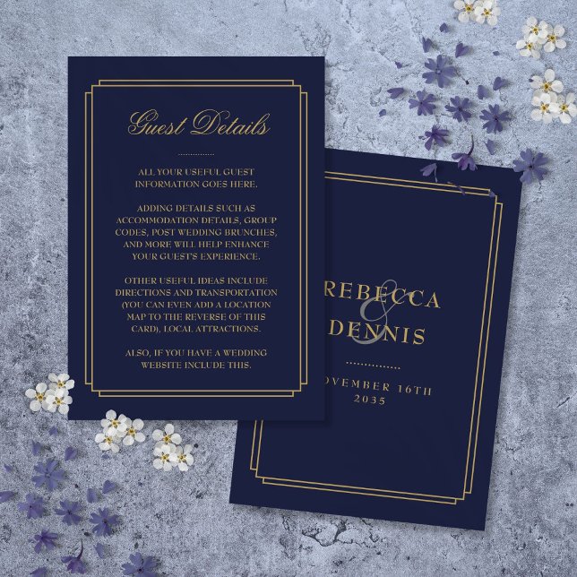 Carte D'accompagnement Marine Blue And Gold Deco Mariage Détails sur l'in (Navy Blue And Gold Deco Wedding Guest Details Enclosure Card)