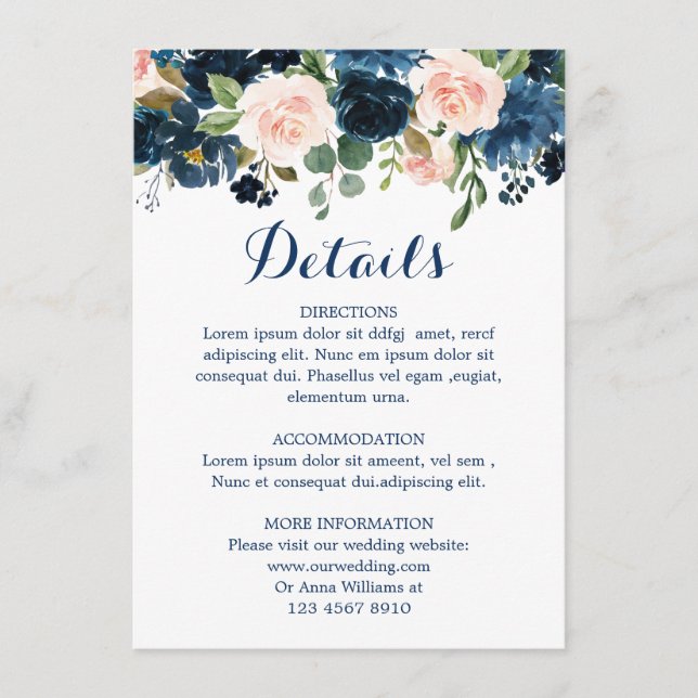 Carte D'accompagnement Marine Blue Blush Rose Rose Boho Détails du Mariag (Devant)