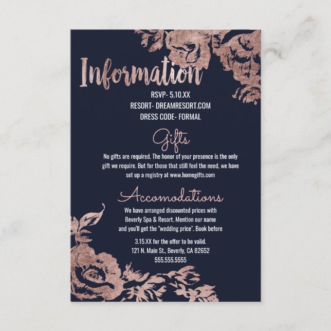 Carte D'accompagnement Marine Blue et Rose Gold Floral Information du Mar (Devant)