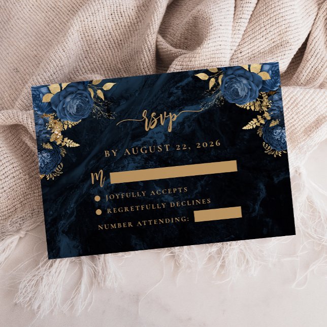 Carte D'accompagnement Marine Blue Gold Floral Agate Script Mariage RSVP (Créateur téléchargé)
