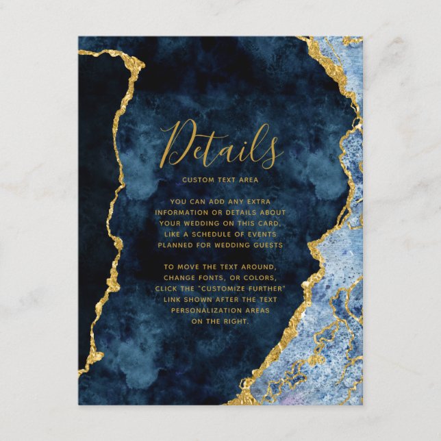 Carte D'accompagnement Marine Blue Gold Foil Agate Détails du Mariage (Devant)
