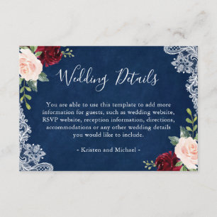 Carte D'accompagnement Marine Blue Red Blush Floral Lace Détails du Maria