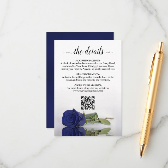 Carte D'accompagnement Marine Blue Rose Elegant Wedding Détails QR Code (Devant/Arrière en situation)