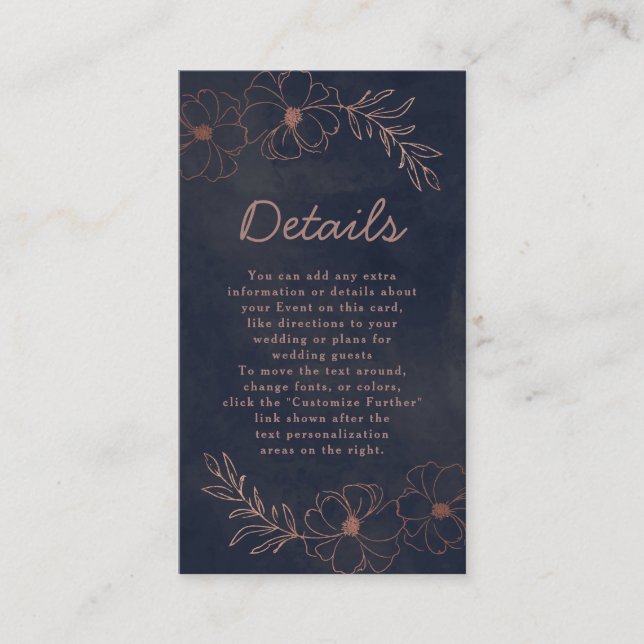 Carte D'accompagnement Marine Blue & Rose Gold Foil Floral Détails sur le (Devant)