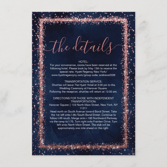 Carte D'accompagnement Marine Blue Rose Gold Sprinted Confetti Détails (Devant)