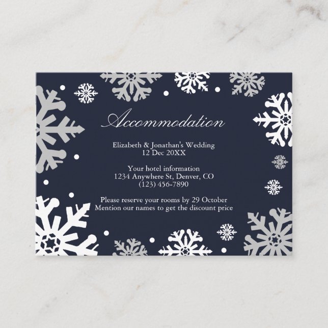 Carte D'accompagnement Marine Blue Snowflakes Hiver Mariage Hébergement (Devant)