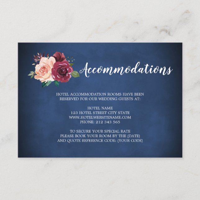 Carte D'accompagnement Marine Blush Bourgogne Rose Mariage Hébergements (Devant)