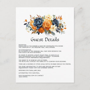 Carte D'accompagnement Marine et Orange Floral Mariage Détails au sujet d